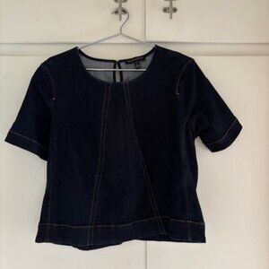 Banana Republic Dark Denim Shirt Petite S/M Contrast Stitching Short Sleeve